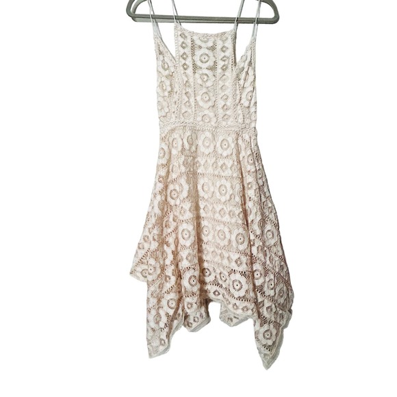Free People Just Like Honey Beige Lace Asymmetric Mini Dress Size 8 Medium - Picture 10 of 14